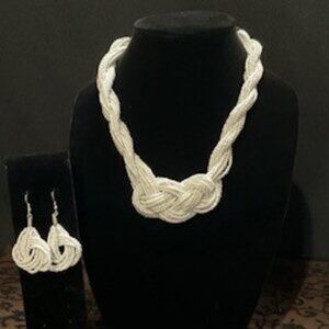 White glass beaded braided necklace and matching earrings